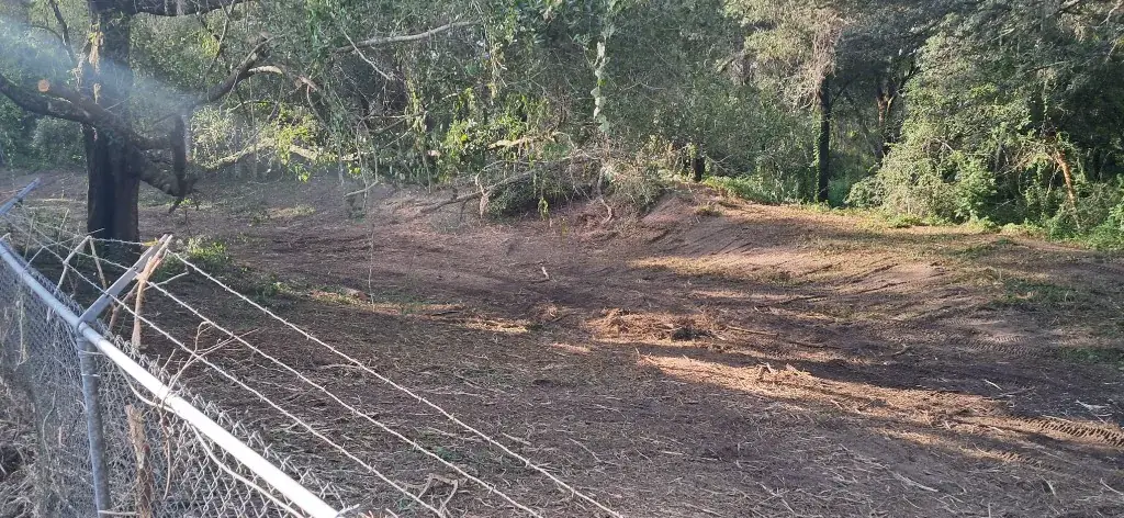 After: mulched retention pond banks in Citrus Springs, FL, seen past a chain-link fence with equipment tire tracks